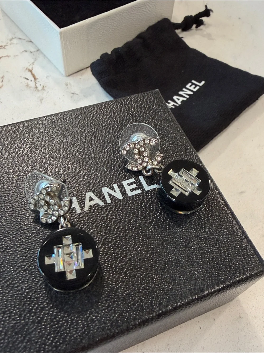CHANEL Black and Silver Crystal CC Drop Earrings